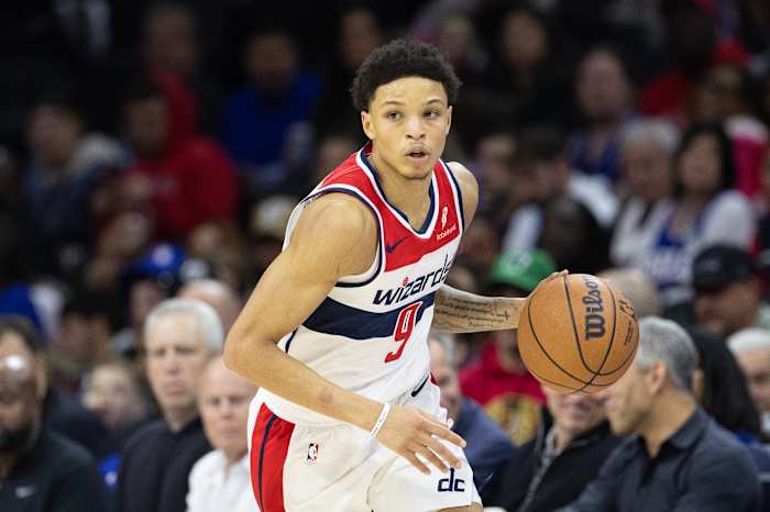 Washington Wizards guard Ryan Rollins (9) dribbles the ball against the Philadelphia 76ers during the fourth quarter at Wells Fargo Center.